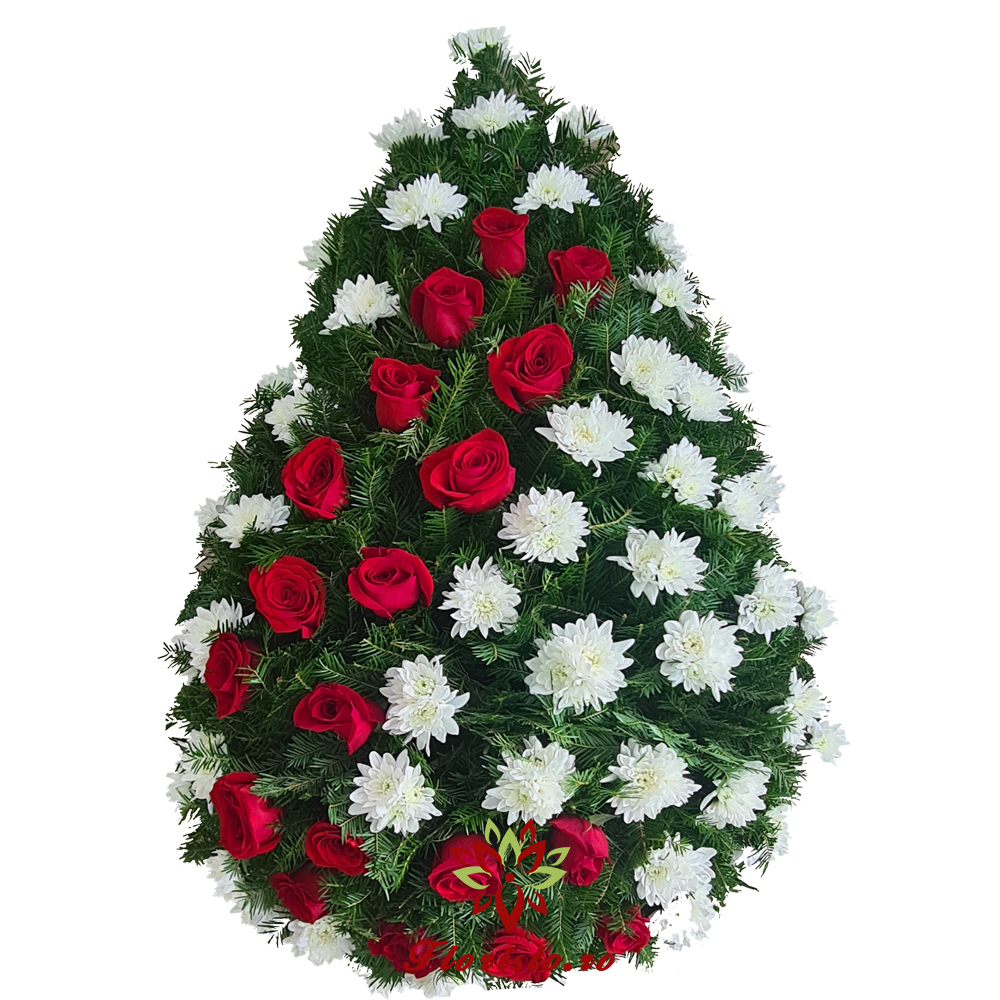 Coroana Funerara crizantama alba si trandafiri rosii